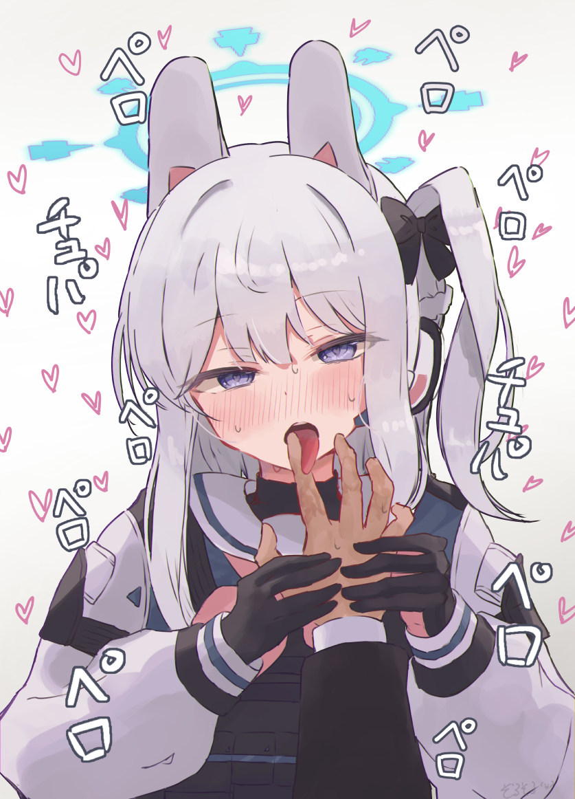 1boy 1girl animal_ears artist_name black_gloves blue_archive blue_eyes blue_shirt blush braid earosoligt fake_animal_ears french_braid gloves grabbing_another's_hand grey_background halo head_tilt heart heart-shaped_pupils licking licking_another's_finger long_hair long_sleeves miyako_(blue_archive) narrowed_eyes nose_blush one_side_up open_mouth pov pov_hands rabbit_ears ringed_eyes shirt sidelocks signature solo solo_focus sweat sweating_profusely symbol-shaped_pupils tongue upper_body