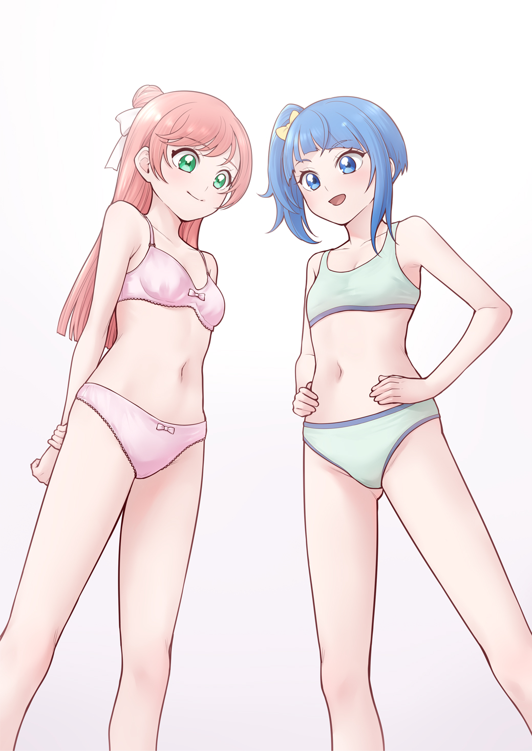 2girls :d bare_arms bare_shoulders blue_eyes blue_hair bow bow_bra bow_panties bra breasts closed_mouth commentary_request futari_wa_precure gradient_background green_bra green_eyes green_panties hair_bow hair_bun hands_on_hips highres hirogaru_sky!_precure long_hair multiple_girls navel nijigaoka_mashiro ogry_ching one_side_up panties pink_background pink_bra pink_panties precure red_hair small_breasts smile sora_harewataru standing training_bra underwear underwear_only white_background white_bow yellow_bow