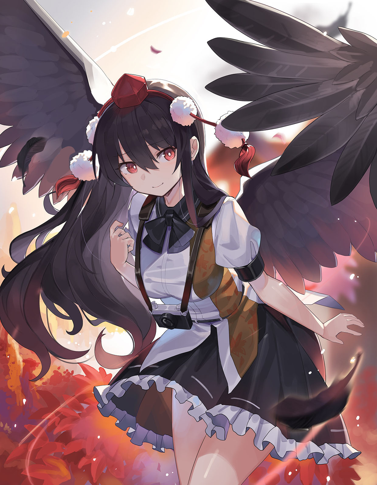 1girl black_bow black_bowtie black_hair black_skirt black_wings bow bowtie breasts camera closed_mouth commentary_request cowboy_shot falken_(yutozin) feathered_wings feathers frilled_skirt frills gradient_hair gradient_wings hat highres leaf_print leaning_forward long_hair looking_at_viewer medium_breasts miniskirt multicolored_hair multicolored_wings pom_pom_(clothes) puffy_short_sleeves puffy_sleeves red_eyes red_hair red_headwear revision shameimaru_aya shirt short_sleeves skirt smile solo tassel tokin_hat touhou very_long_hair white_shirt wings