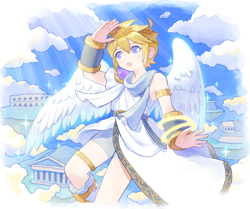 1boy alternate_color angel angel_wings armband armlet blonde_hair blue_sky cloud feathered_wings hand_up kid_icarus kid_icarus_uprising laurel_crown looking_up male_focus nopepe open_mouth pit_(kid_icarus) sky smile solo sparkle super_smash_bros. temple wings