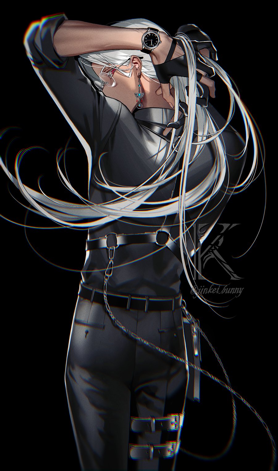 1boy artist_name belt black_background black_belt black_gloves black_pants black_shirt dark-skinned_male dark_skin earrings fingerless_gloves fingernails from_behind glasses gloves grey_hair highres jewelry koshika_rina long_hair looking_at_viewer male_focus original pants red_eyes round_eyewear shirt simple_background single_fingerless_glove solo standing watch wristwatch