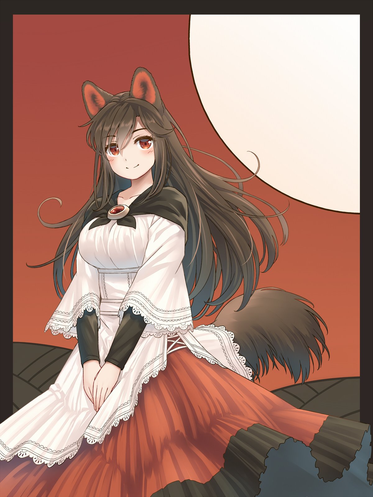 1girl animal_ears blush breasts brooch brown_hair closed_mouth collarbone dress hair_between_eyes hanafuda highres imaizumi_kagerou jewelry large_breasts long_hair long_sleeves red_dress red_eyes smile solo tail touhou white_dress wolf_ears wolf_tail yudepii