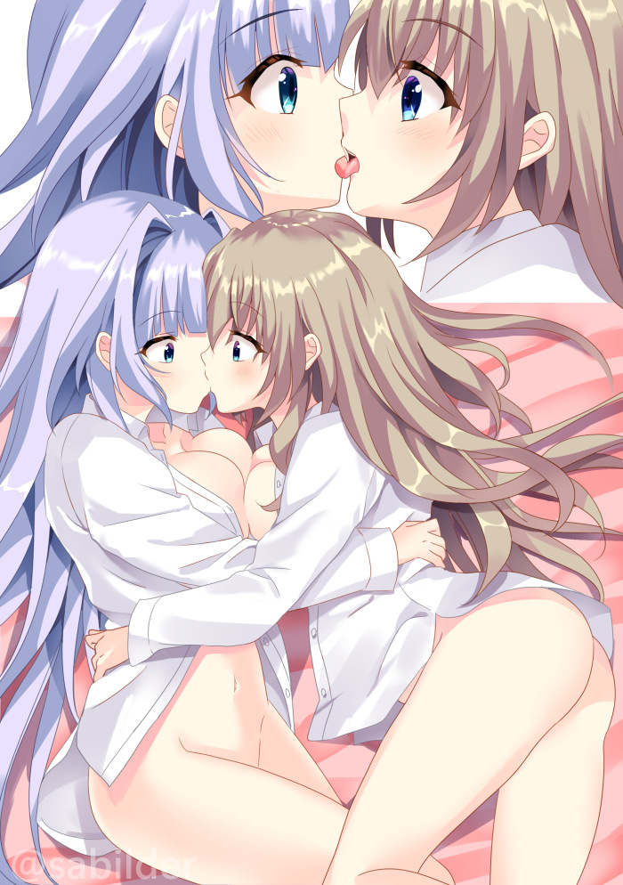 2girls 9-nine- arm_around_waist ass blue_eyes blush bottomless breast_press breasts cleavage collarbone collared_shirt commentary_request commission cross-section eye_contact eyelashes eyes_visible_through_hair french_kiss groin hair_between_eyes hair_intakes hair_spread_out hug kiss kousaka_haruka kujou_miyako large_breasts light_brown_hair light_purple_hair lips long_hair long_sleeves looking_at_another lying multiple_girls naked_shirt navel nose on_bed on_side open_clothes open_mouth open_shirt profile sabi_(sabilder) shirt sidelocks simple_background skeb_commission stomach surprised symmetrical_docking teeth thighs tongue tongue_out twitter_username upper_teeth_only very_long_hair wavy_hair white_background white_shirt wide-eyed yuri