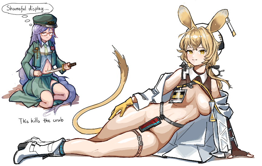 2girls absurdly_long_hair animal_ears arknights blonde_hair boots character_request convenient_censoring dorothy_(arknights) drawfag earclip english_text fingerless_gloves full_body glasses gloves hair_ornament hairclip hat holding holding_knife hourglass imminent_suicide infection_monitor_(arknights) jacket knife long_hair mouse_ears mouse_tail multiple_girls non-web_source on_floor open_clothes open_jacket seppuku single_fingerless_glove single_glove skirt tail thigh_strap very_long_hair white_jacket yellow_eyes yellow_gloves