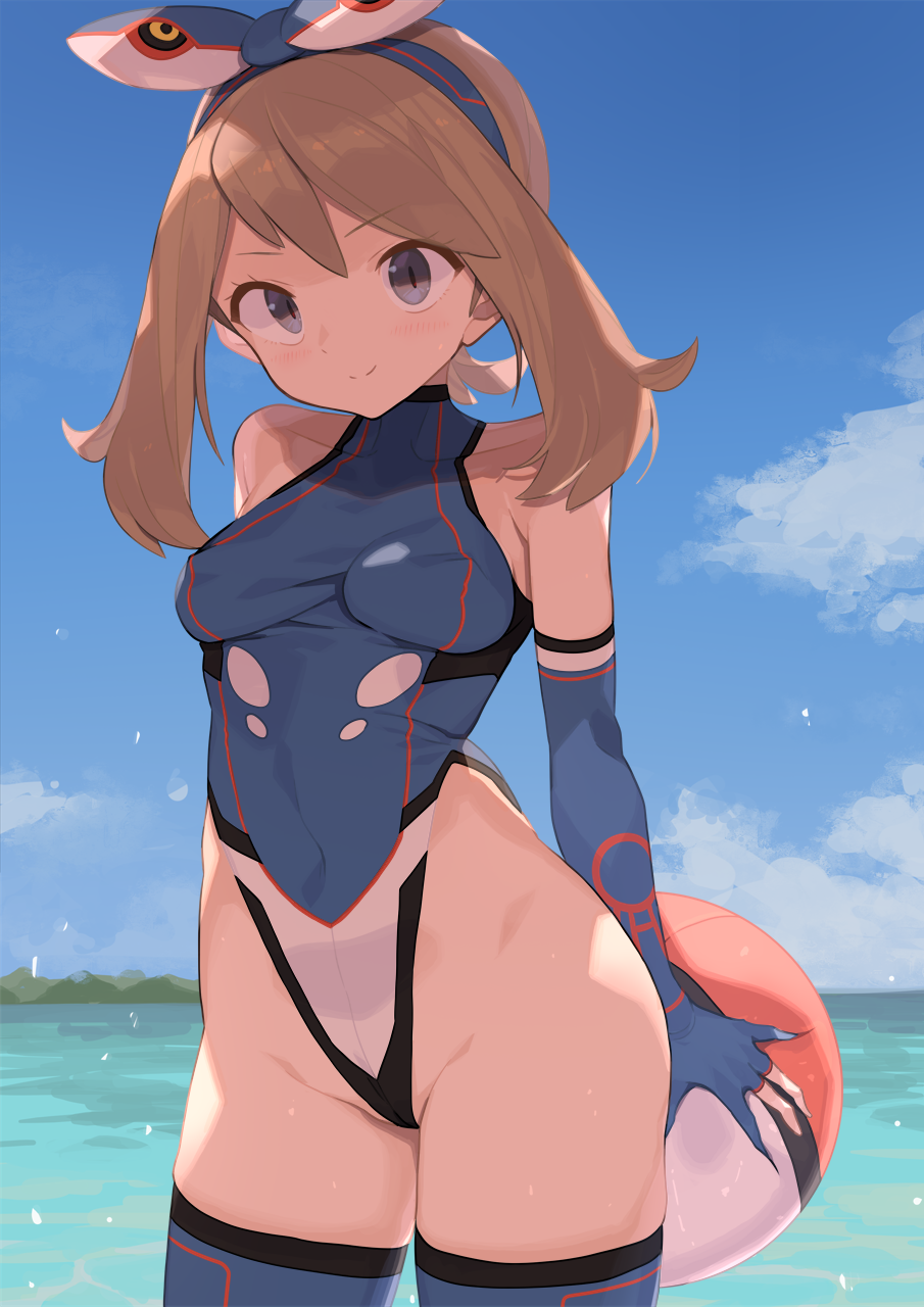 1girl ball bare_shoulders beachball blue_gloves blue_hairband blue_sky blue_thighhighs bow_hairband breasts brownhair closed_mouth commentary_request covered_navel elbow_gloves gloves grey_eyes grey_hair groin hairband highleg highleg_leotard highres holding holding_ball holding_beachball kyogre leotard looking_at_viewer may_(pokemon) medium_breasts medium_hair multicolored_clothes multicolored_gloves multicolored_leotard multicolored_thighhighs ocean partially_fingerless_gloves poke_ball_theme pokemon pokemon_(game) pokemon_oras red_gloves sky slit_pupils smile solo spring2013 standing thighhighs water white_leotard