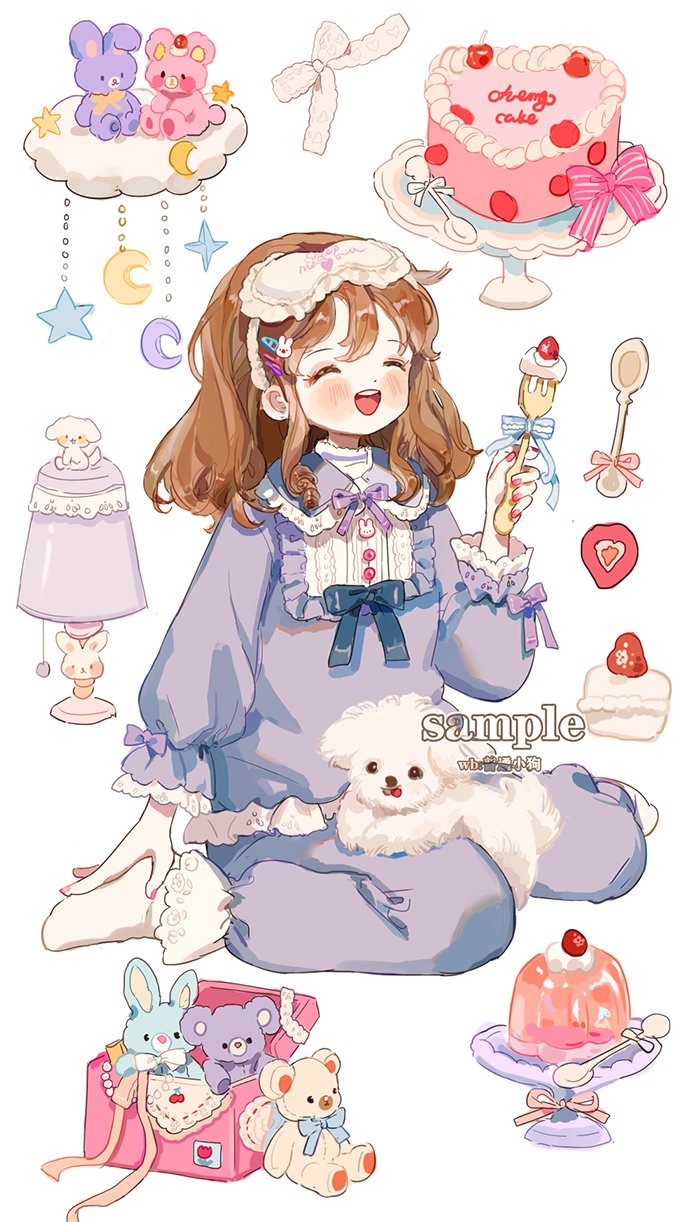 1girl blue_bow blush_stickers bow bowtie brown_hair center_frills closed_eyes collar commentary commission crescent dog english_commentary eyelashes eyeshadow food fork frilled_pants frills fruit full_body gelatin hair_ornament hairclip hand_on_own_foot heart-shaped_cake highres holding holding_fork lace-trimmed_collar lace-trimmed_sleeves lace_bow lace_trim lamp layered_shirt long_sleeves makeup mask mask_on_head medium_hair nail_polish navel no_shoes open_mouth original pajamas pants pink_bow pink_eyeshadow pink_nails pink_ribbon puffy_long_sleeves puffy_sleeves puppy purple_bow purple_bowtie purple_collar purple_pajamas purple_pants purple_shirt putong_xiao_gou rabbit_hair_ornament ribbon sample_watermark shirt sitting sleep_mask sleeve_bow smile socks spoon star_(symbol) strawberry striped striped_bow stuffed_animal stuffed_rabbit stuffed_toy teddy_bear toy_box turtleneck upper_body wariza watermark weibo_username white_background white_bow white_mask white_shirt white_socks