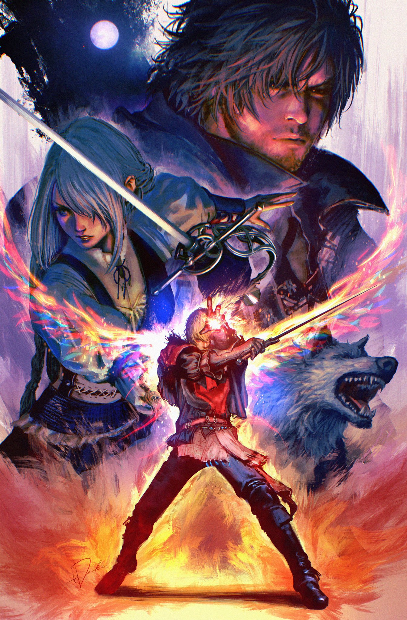 1girl 2boys animal beard_stubble black_hair blue_vest braid brothers capelet clive_rosfield facial_hair fang fangs fighting_stance final_fantasy final_fantasy_xvi fire flame grey_hair grey_wolf hair_over_one_eye high_collar highres holding holding_sword holding_weapon jill_warrick joshua_rosfield long_hair low-tied_long_hair moon multiple_boys night night_sky open_mouth pants rapier red_scarf scar scarf shirt siblings sky standing sword tdsuke torgal_(ff16) vest weapon white_shirt wolf