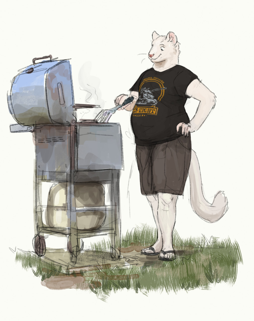 anthro barbecue bottomwear cettus clothed clothing cooking flip_flops footwear fully_clothed fur grass hand_on_hip hi_res holding_object male mammal mustelid musteline outside overweight overweight_anthro overweight_male plant sandals shirt shorts simple_background smile solo spatula standing stoat tools topwear true_musteline weasel white_background white_body white_fur