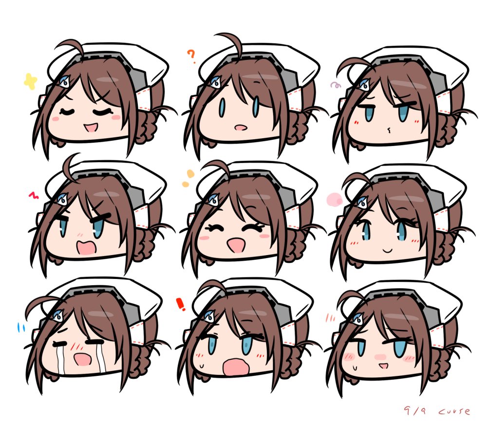 ahoge angry braid braided_hair_rings brown_hair chougei_(kancolle) closed_eyes crying curse_(023) expressions grey_eyes hair_ornament hair_rings head_only kantai_collection long_hair smile twin_braids whale_hair_ornament