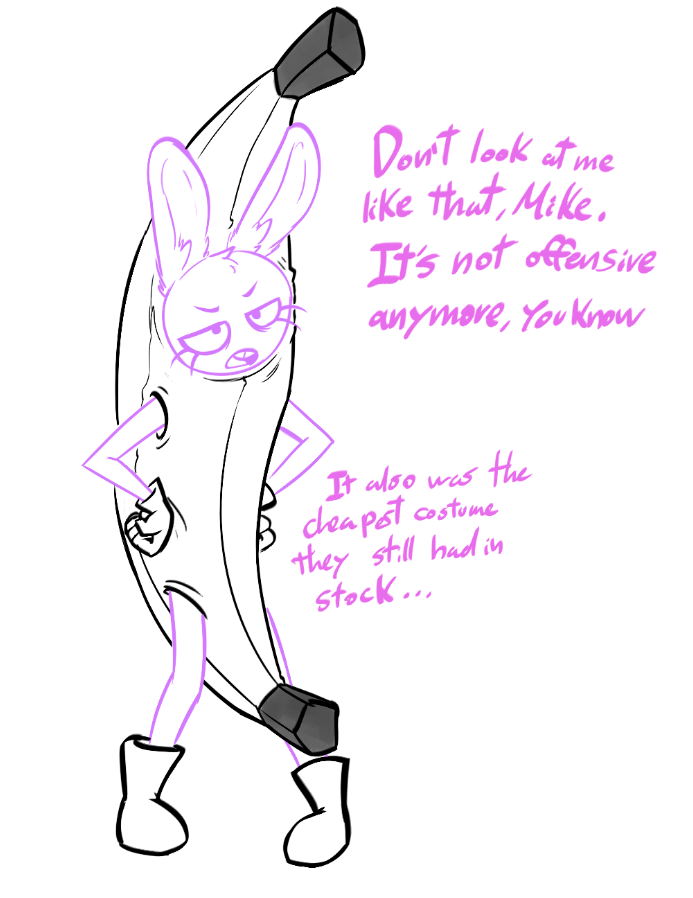 2023 anthro banana_costume beanie_(roommates) biped bonnie_(fnaf) boots buckteeth clothing dialogue english_text female five_nights_at_freddy's footwear front_view gloves half-closed_eyes halloween halloween_costume hands_on_own_hips handwear holidays lagomorph leporid looking_at_viewer mammal narrowed_eyes offscreen_character open_mouth rabbit roommates:motha scottgames sketch solo soulcentinel standing teeth text