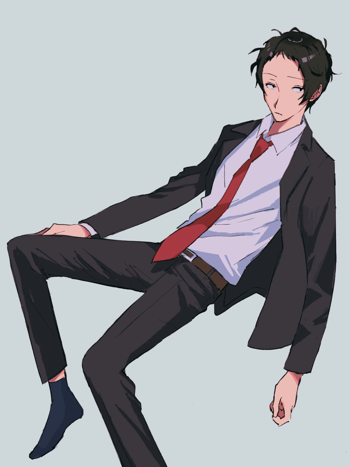 1boy adachi_tooru belt black_hair black_jacket black_pants blue_socks brown_belt business_suit closed_mouth collared_shirt commentary_request foot_out_of_frame full_body grey_background hand_on_own_leg highres invisible_chair jacket leaning_back long_sleeves looking_at_viewer male_focus momotamago necktie no_shoes open_clothes open_jacket pants persona persona_4 red_necktie shirt short_hair simple_background sitting socks solo suit white_shirt