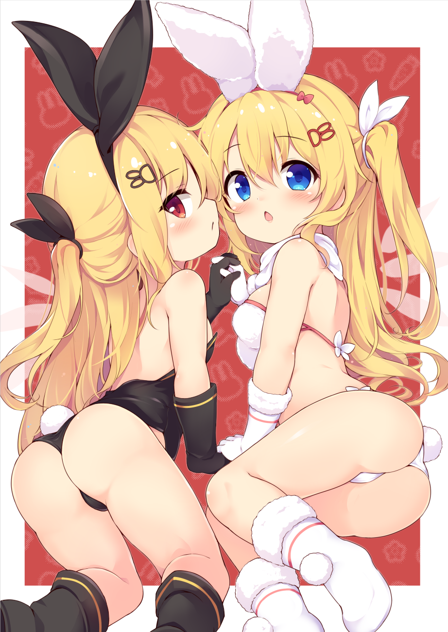 2girls animal_ears ass baku-p black_footwear black_gloves blonde_hair blue_eyes blush boots breasts detached_wings fairy fairy_wings fake_animal_ears fake_tail fur-trimmed_footwear fur-trimmed_gloves fur_trim gloves hair_between_eyes hair_ornament hairclip highres lily_black lily_white long_hair medium_breasts multiple_girls open_mouth rabbit_ears rabbit_tail red_eyes small_breasts tail touhou white_footwear white_gloves wings