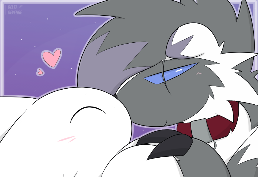 &lt;3 blush canid delta-eon dragon duo eye_contact fasenso female feral generation_7_pokemon hand_holding havoc_(im_havociy) humanoid looking_at_another lycanroc male mammal midnight_lycanroc nintendo nuzzling pokemon pokemon_(species) simple_background