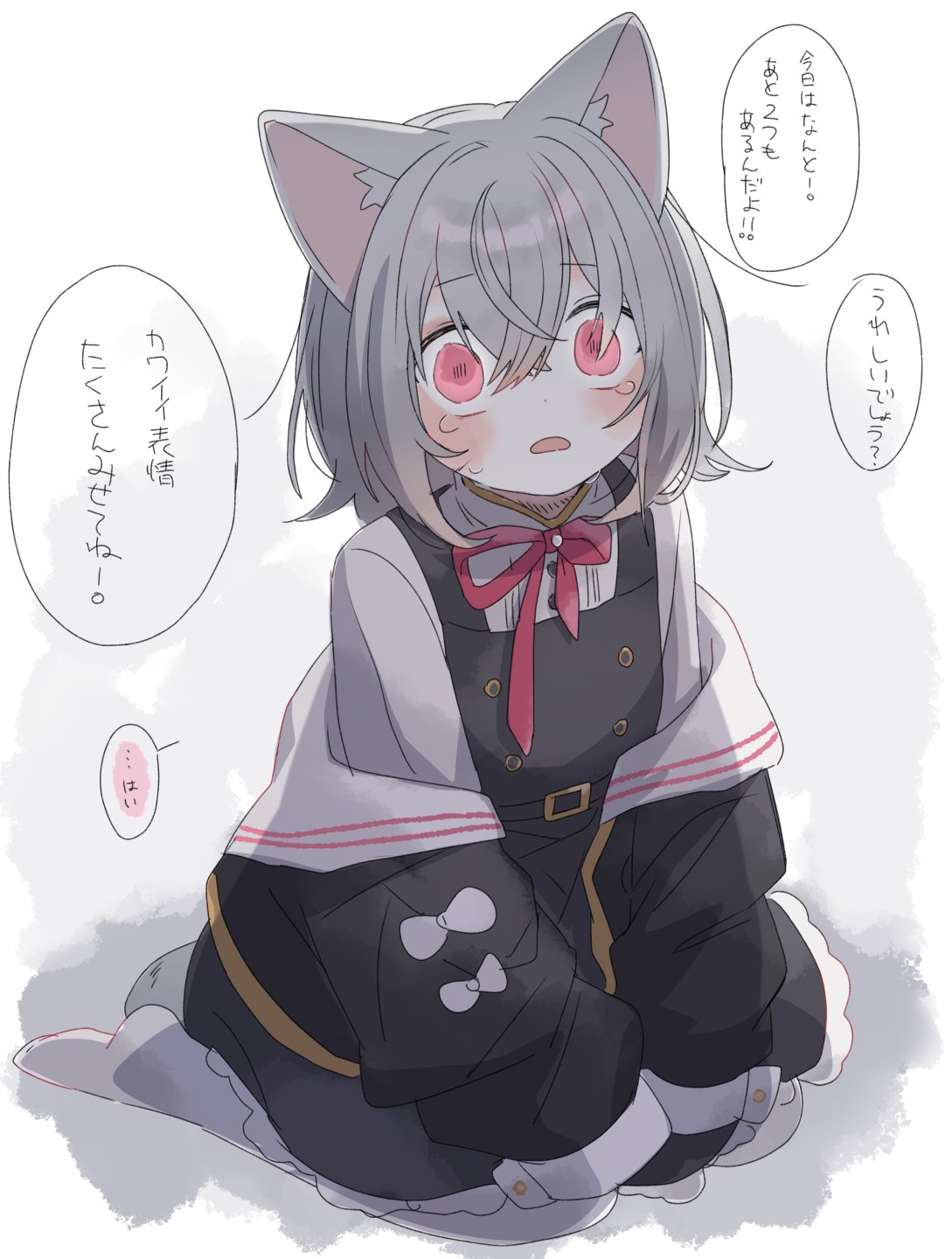 1girl animal_ears belt black_belt black_dress black_jacket blush bow bowtie buttons cat_ears cat_girl cat_tail check_translation coefont commentary cone_huraku crossed_bangs crying crying_with_eyes_open dress empty_eyes frown full_body grey_hair highres jacket jacket_partially_removed long_sleeves looking_at_viewer medium_hair neko_no_sayo open_mouth pantyhose pinafore_dress pink_bow pink_bowtie pink_eyes rope_marks sailor_collar shirt sitting sleeve_bow sleeveless sleeveless_dress sleeves_past_fingers sleeves_past_wrists solo tail tears translation_request voicevox wariza white_bow white_pantyhose white_sailor_collar white_shirt wide-eyed
