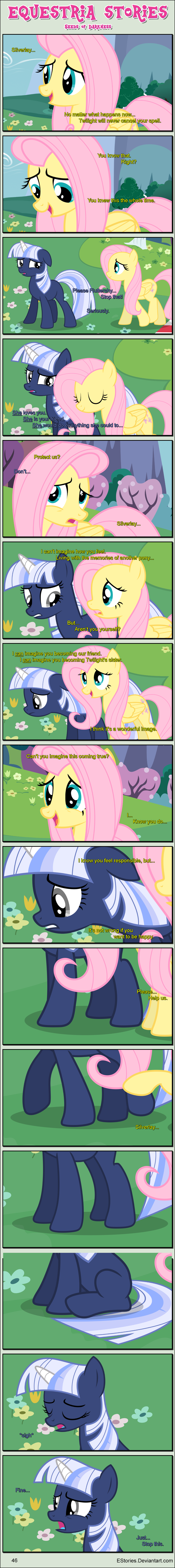 absurd_res bandage bandaged_horn bangs bdsm bondage bound concern cutie_mark dialogue duo ears_down ears_up equid equine estories eyes_closed female feral flower fluttershy_(mlp) folded_wings friendship_is_magic frown grass hasbro hi_res horn long_image mammal my_little_pony open_mouth pegasus pivoted_ears plant sigh silverlay_(estories) sitting standing tall_image unicorn wings