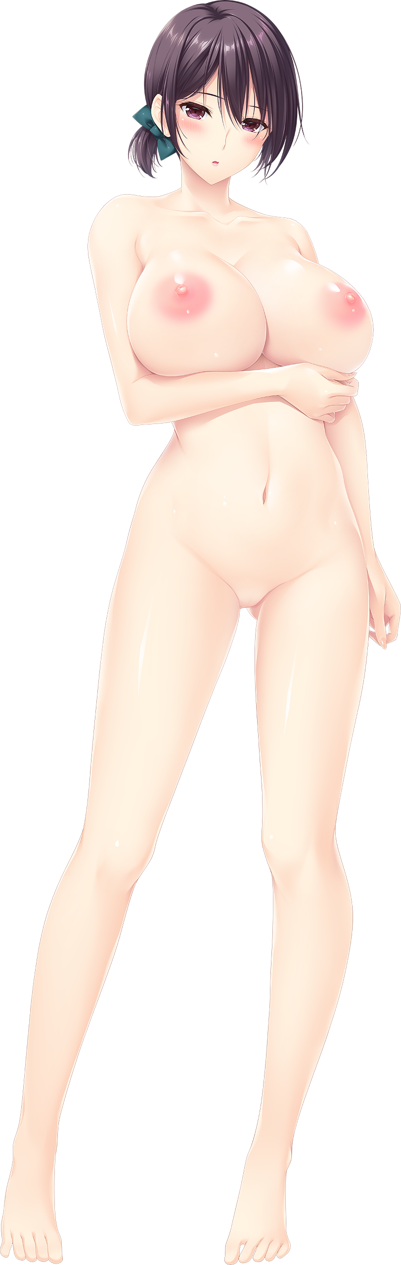 1girl absurdres arm_under_breasts black_hair blush breasts choco_chip completely_nude full_body highres huge_breasts kitagawa_chikage looking_at_viewer mamagoto navel nipples no_pussy non-web_source nude official_art photoshop_(medium) purple_eyes short_hair solo tachi-e
