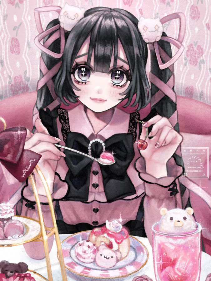 1girl aegyo_sal black_bow black_eyeshadow black_hair blouse blush bow cake cherry closed_mouth collared_shirt commentary_request cup dessert drinking_glass elbows_on_table eyeshadow food fruit hair_ornament hair_ribbon hands_up indoors jirai_kei long_hair long_sleeves looking_at_viewer macaron makeup min_(mts2314) original pink_shirt plate pov_across_table restaurant ribbon shirt smile solo sparkle syu-chan_(min) table tiered_tray twintails upper_body