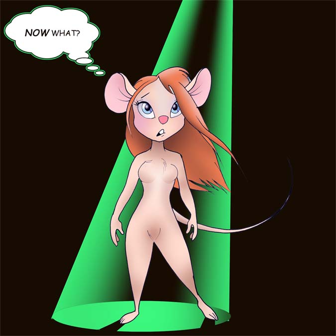 anthro blue_eyes breasts chip_'n_dale_rescue_rangers chris_fischer disney english_text featureless_breasts featureless_crotch female fur gadget_hackwrench hair long_hair mammal mouse murid murine nude orange_hair pink_nose rodent solo tail tan_body tan_fur teeth text thought_bubble