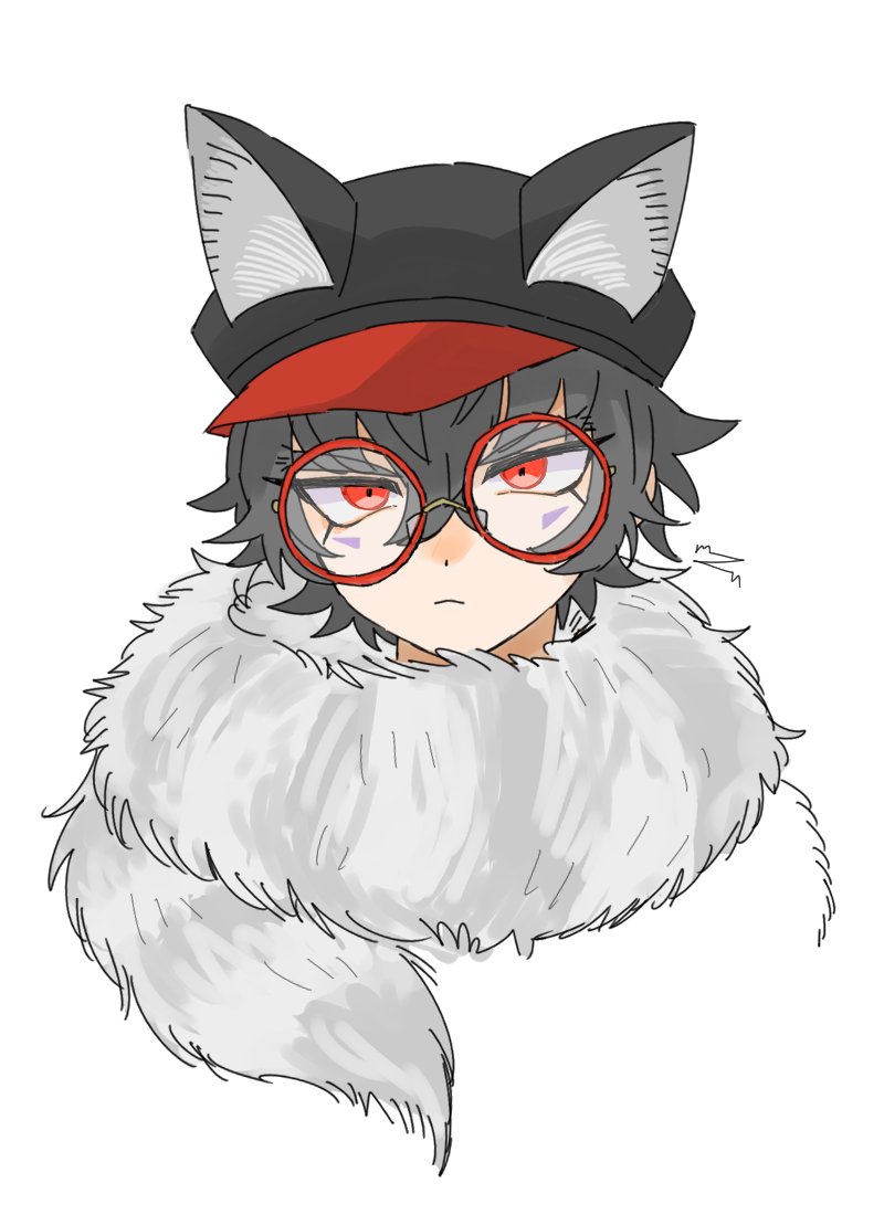 1boy animal_ears animal_hat black_hair black_headwear cabbie_hat closed_mouth commentary_request facial_mark fake_animal_ears fur_collar glasses hair_between_eyes hat looking_at_viewer male_focus master_detective_archives:_rain_code mz_(7zmz00) red-framed_eyewear red_eyes round_eyewear short_hair simple_background solo upper_body white_background zilch_alexander