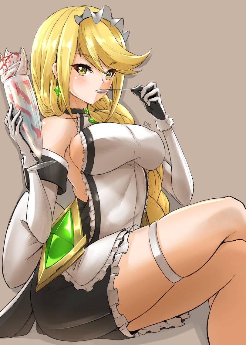 1girl alternate_costume apron bare_shoulders black_dress blonde_hair breasts chest_jewel crossed_legs deekei dress drop_earrings earrings elbow_gloves gloves jewelry large_breasts long_hair maid_apron maid_headdress mythra_(xenoblade) short_dress sleeveless sleeveless_dress solo swept_bangs thigh_strap very_long_hair xenoblade_chronicles_(series) xenoblade_chronicles_2 yellow_eyes