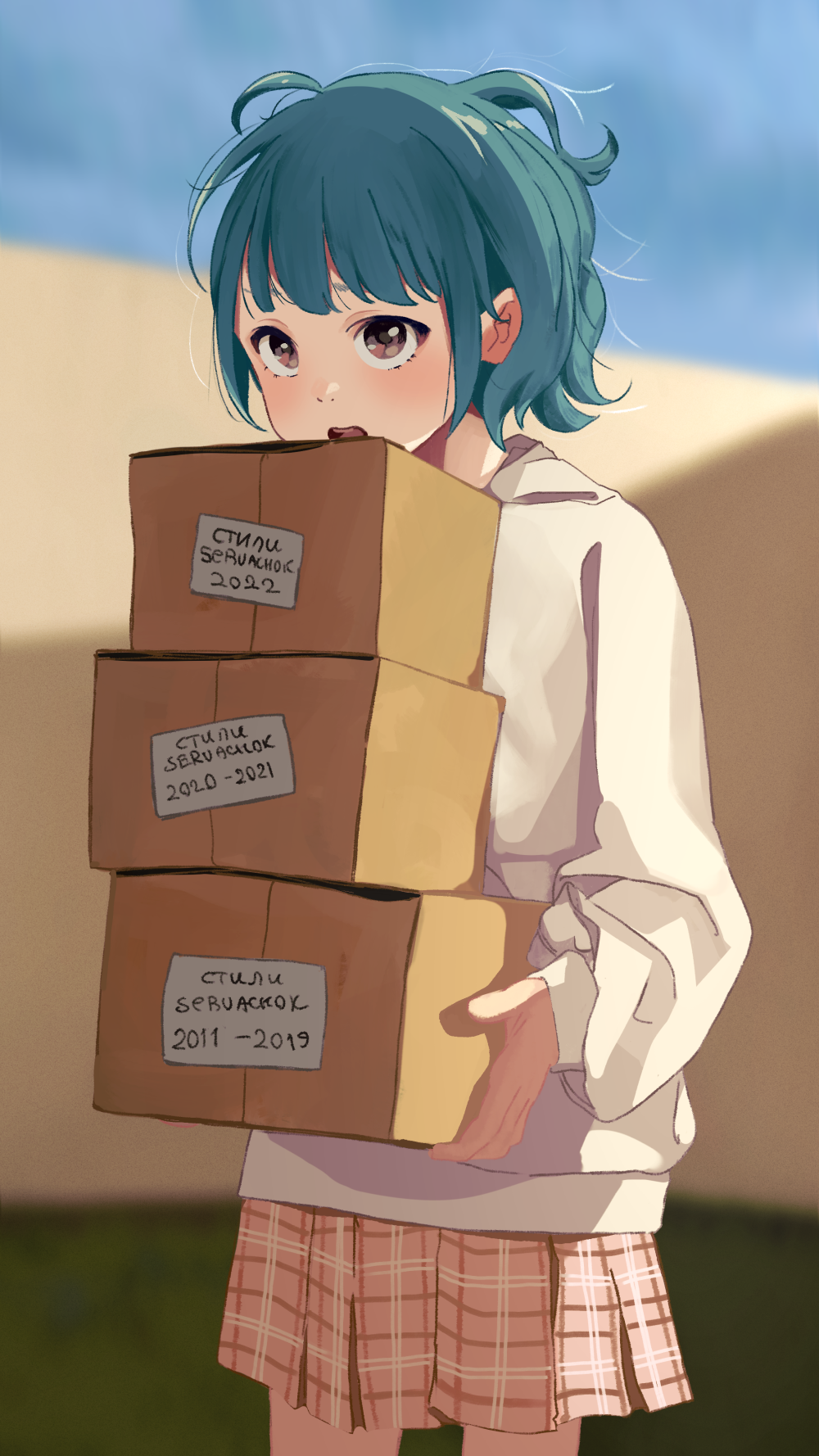 1girl baggy_clothes blue_hair blue_sky blunt_bangs blurry blurry_background box box_stack brown_eyes cardboard_box commentary cowboy_shot cyrillic grass hair_strand highres holding holding_box hood hood_down hoodie katya_(servachok) label long_sleeves looking_at_viewer messy_hair open_mouth original pink_skirt plaid plaid_skirt russian_text servachok short_hair skirt sky solo translated upturned_eyes wall white_hoodie