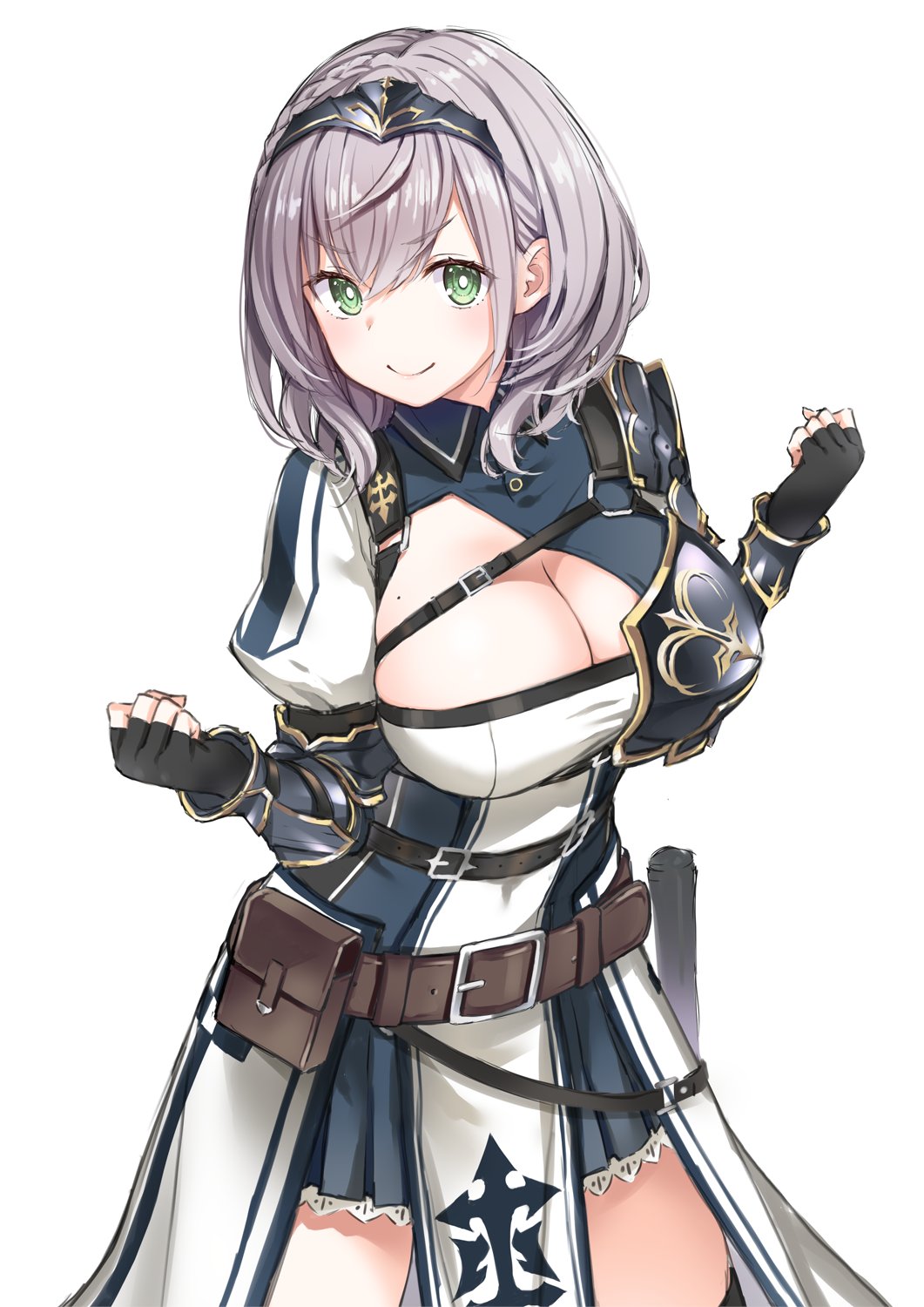 1girl armor armored_dress belt belt_buckle belt_pouch black_armor black_gloves blue_dress breastplate breasts bright_pupils brown_belt buckle chest_harness chest_strap cleavage cleavage_cutout clenched_hands closed_mouth clothing_cutout commentary_request dress elbow_gauntlets fingerless_gloves gloves gold_trim green_eyes grey_hair hair_between_eyes hands_up harness highres hololive large_breasts looking_at_viewer medium_hair mole mole_on_breast multicolored_clothes multicolored_dress pelvic_curtain pouch puffy_sleeves shirogane_noel shirogane_noel_(1st_costume) simple_background smile solo tiara utility_belt v-shaped_eyebrows virtual_youtuber waist_cape white_background white_pupils yuuki_hagure