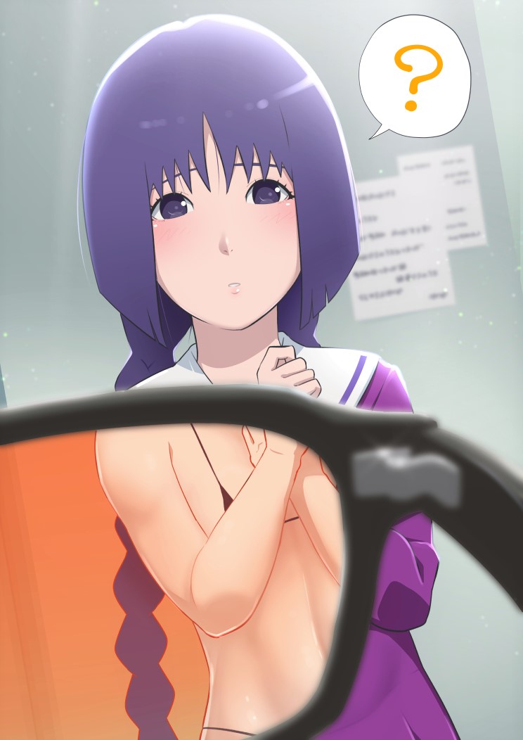 1girl ? black_bra black_panties boruto:_naruto_the_movie bra braid closed_mouth dress eeshin_(eishin5584) eyewear_view glasses indoors kakei_sumire long_hair looking_at_viewer naruto naruto_(series) panties pov purple_dress purple_eyes purple_hair solo speech_bubble spoken_question_mark string_bra string_panties twin_braids underwear x-ray_glasses x-ray_vision