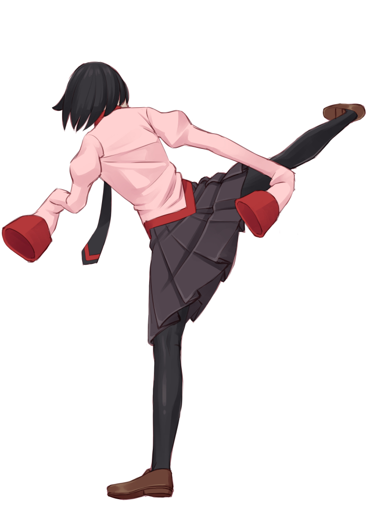 1girl black_hair black_necktie black_pantyhose black_skirt bob_cut brown_footwear commentary dress_shirt easy_(aqk7bdqt) facing_away floating_hair floating_necktie from_behind full_body high_kick kicking loafers long_sleeves monogatari_(series) naoetsu_high_school_uniform necktie oshino_ougi pantyhose pink_shirt pleated_skirt puffy_sleeves school_uniform shirt shoes short_hair simple_background skirt sleeves_past_fingers sleeves_past_wrists solo standing standing_on_one_leg white_background