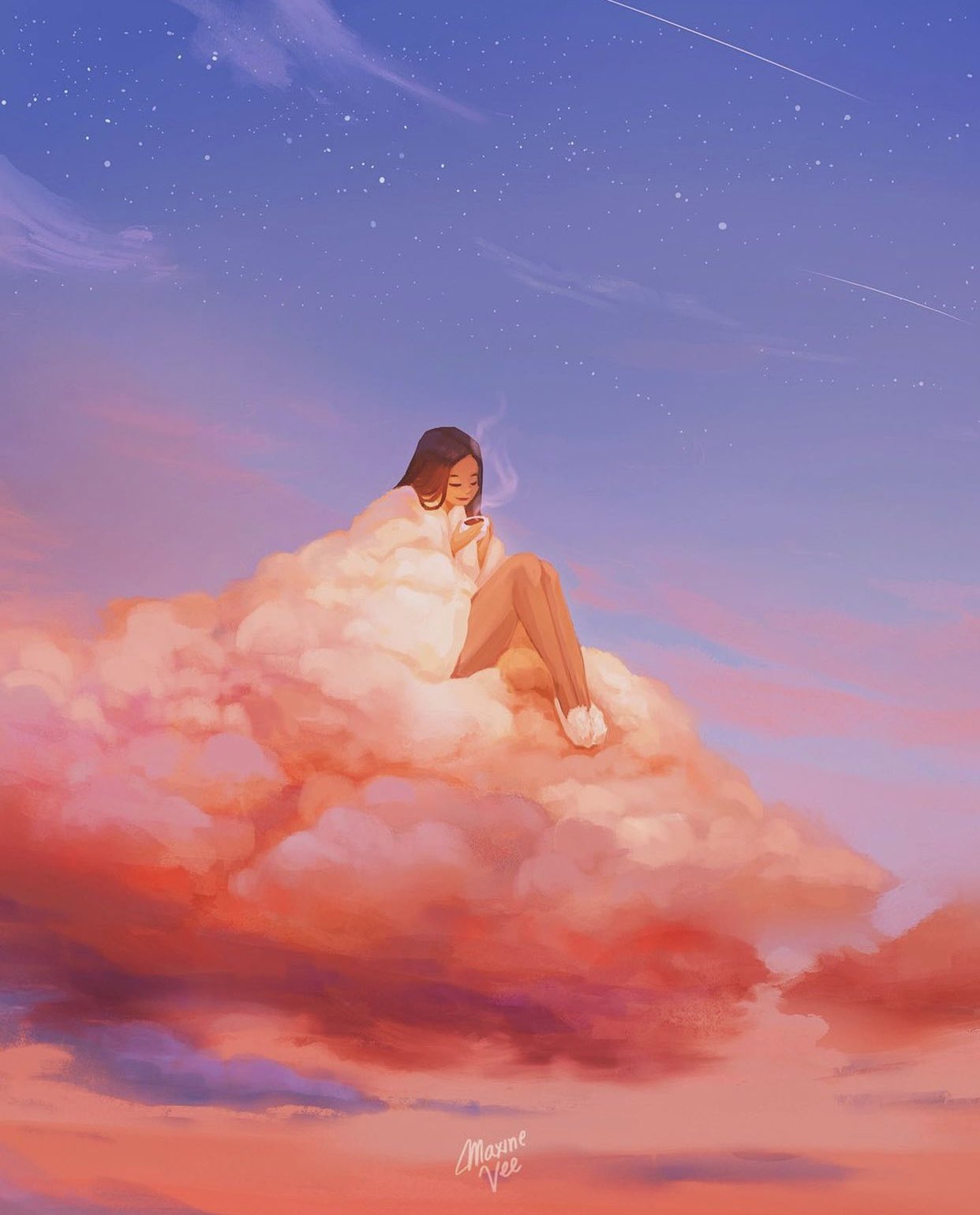 1girl artist_name cloud coat coffee commentary cup dark-skinned_female dark_skin english_commentary highres holding holding_cup lips maxine_vee night night_sky original outdoors sitting sky slippers solo star_(sky) starry_sky white_coat white_footwear