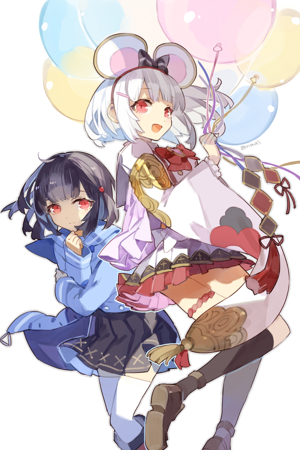 2girls animal_ears artist_name balloon black_hair black_skirt black_socks blue_shirt boots bow bowtie breasts closed_mouth cyenmi3 dual_persona fake_animal_ears fire floating_hair granblue_fantasy hairband highres holding holding_balloon kneehighs loafers long_sleeves looking_at_viewer miniskirt mouse_ears multiple_girls open_mouth petticoat red_eyes sailor_collar shirt shoes short_hair sidelocks skirt small_breasts socks thigh_strap thighhighs vikala_(granblue_fantasy) white_background white_fire white_hair white_skirt white_thighhighs wide_sleeves wind