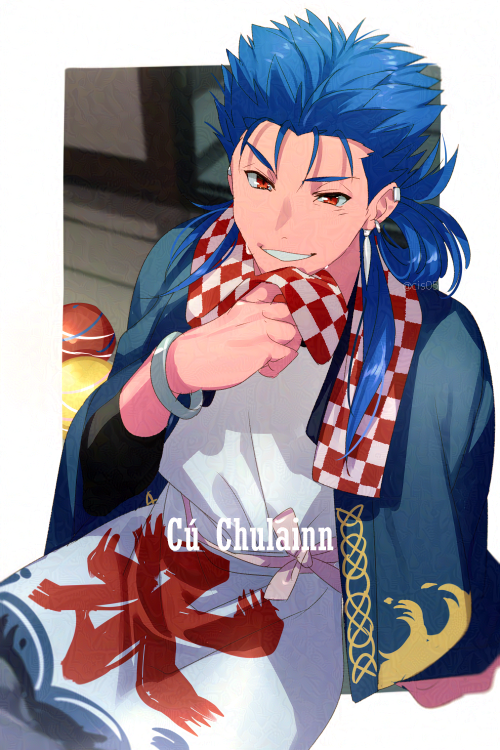 1boy alternate_costume apron blue_hair character_name commentary_request cu_chulainn_(fate) cu_chulainn_(fate/stay_night) ear_piercing earrings echo_(circa) fate/grand_order fate/stay_night fate_(series) grin japanese_clothes jewelry long_hair looking_at_viewer male_focus piercing red_eyes sitting smile solo twitter_username waist_apron