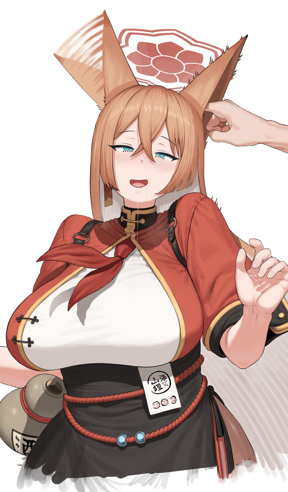 1girl 1other :d animal_ear_fluff animal_ears blue_archive blue_eyes blush breasts brown_hair commentary_request cowboy_shot dress drooling ear_wiggle eargasm fang female_orgasm fox_ears fox_girl hair_between_eyes halo highres huge_breasts jacket long_hair long_sleeves looking_at_viewer maruko_tooto neckerchief open_mouth orgasm rumi_(blue_archive) shirt simple_background smile solo_focus trembling uncommon_stimulation upper_body very_long_hair white_background white_shirt