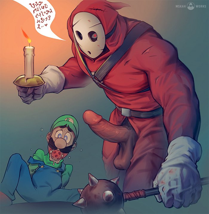 artist_name ball_gag belt black_belt blue_eyes blue_overalls bulge candle gag gloves green_headwear green_shirt heart holding holding_candle holding_mace hood hood_up imminent_rape jumpsuit looking_at_viewer luigi luigi's_mansion male_focus mask mskah muscular muscular_male overalls penis red_eyes red_jumpsuit scared shirt shy_guy speech_bubble testicles watermark white_gloves yaoi