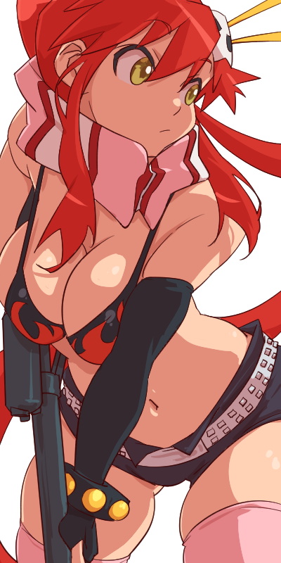 1girl aonori_misuji bikini bikini_top_only breasts cleavage commentary_request fingerless_gloves gloves gun hair_ornament large_breasts long_hair looking_to_the_side navel red_hair rifle scarf sniper_rifle swimsuit tengen_toppa_gurren_lagann thick_thighs thighhighs thighs weapon yellow_eyes yoko_littner