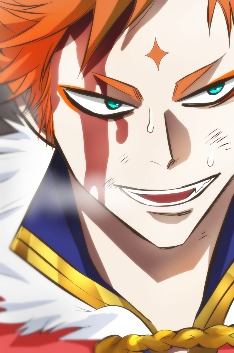 1boy black_clover black_clover:_sword_of_the_wizard_king blood blood_on_face blue_eyes breath close-up eyeliner facial_mark forehead_mark highres leopold_vermillion looking_to_the_side makeup male_focus orange_hair royal_robe short_hair smile solo sweat udonmoudon