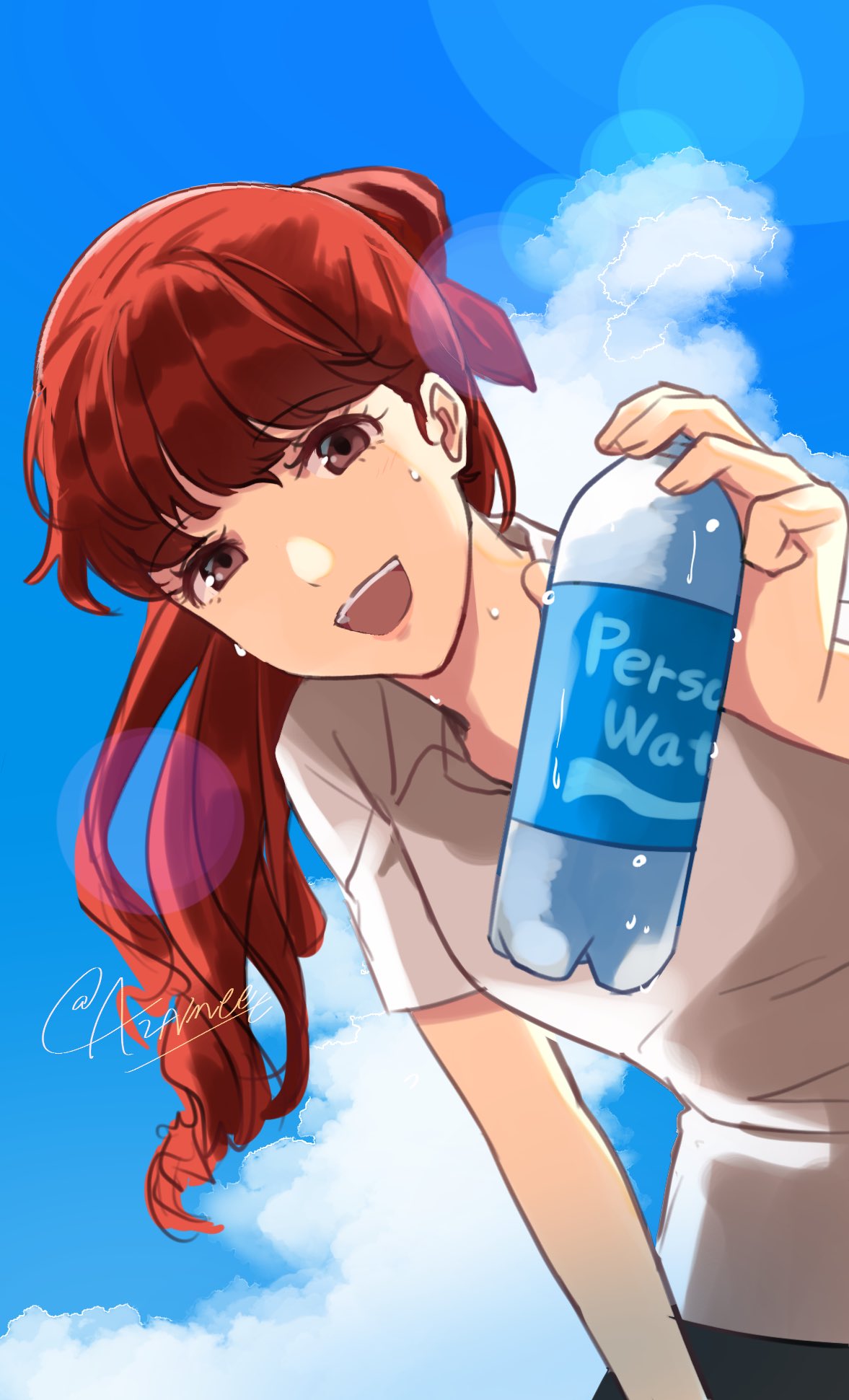 1girl alternate_costume aznmeee blue_sky bottle bow cloud commentary_request hair_bow highres long_hair looking_at_viewer open_mouth persona persona_5 persona_5_the_royal ponytail red_bow red_eyes red_hair shirt short_sleeves signature sky smile solo sunlight sweat teeth upper_teeth_only water_bottle white_shirt yoshizawa_kasumi