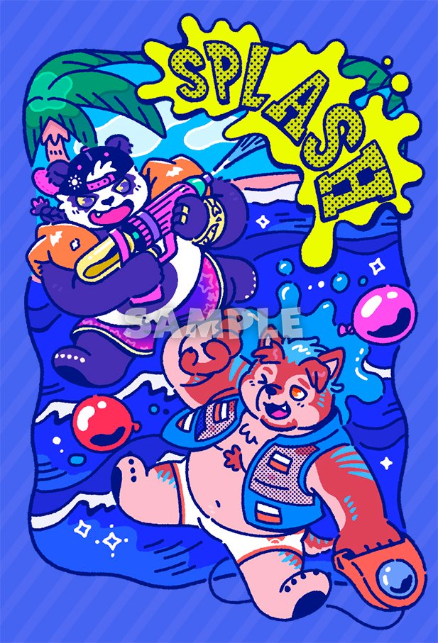2boys alp_(housamo) animal_ears backwards_hat bangle bara baseball_cap beach belly blue_background blue_fur blue_hair blue_jacket bracelet braid brown_fur chibi colored_sclera commentary_request commission diagonal_stripes facial_hair fang fishnet_top fishnets full_body furry furry_male goatee hand_up hat holding holding_water_gun inflatable_armbands jacket jewelry long_hair looking_at_another male_focus male_swimwear multiple_boys navel one_eye_closed open_mouth orange_eyes palm_tree panda_boy panda_ears plump purple_eyes purple_fur purple_male_swimwear sample_watermark short_hair single_braid skeb_commission smile sparkle splatter striped striped_background tail tokyo_afterschool_summoners tree tsukinowadou water_balloon water_gun waves white_fur white_male_swimwear wolf_boy wolf_ears wolf_tail yellow_sclera yuma_(housamo)