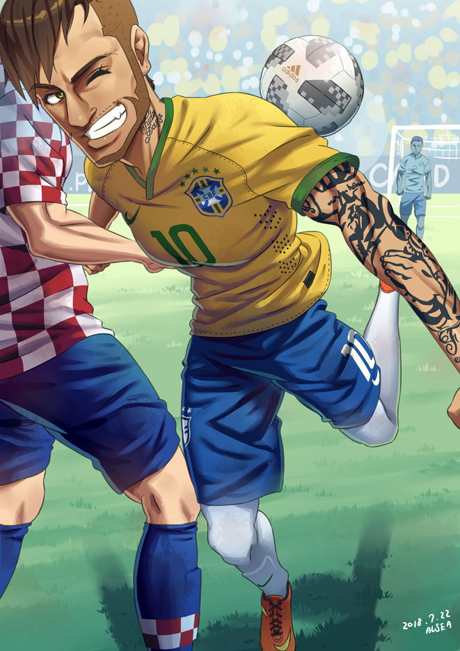 2018 3boys alsea arm_tattoo artist_name ball brazil multiple_boys neymar one_eye_closed real_life short_hair smile soccer soccer_field soccer_uniform sportswear tattoo