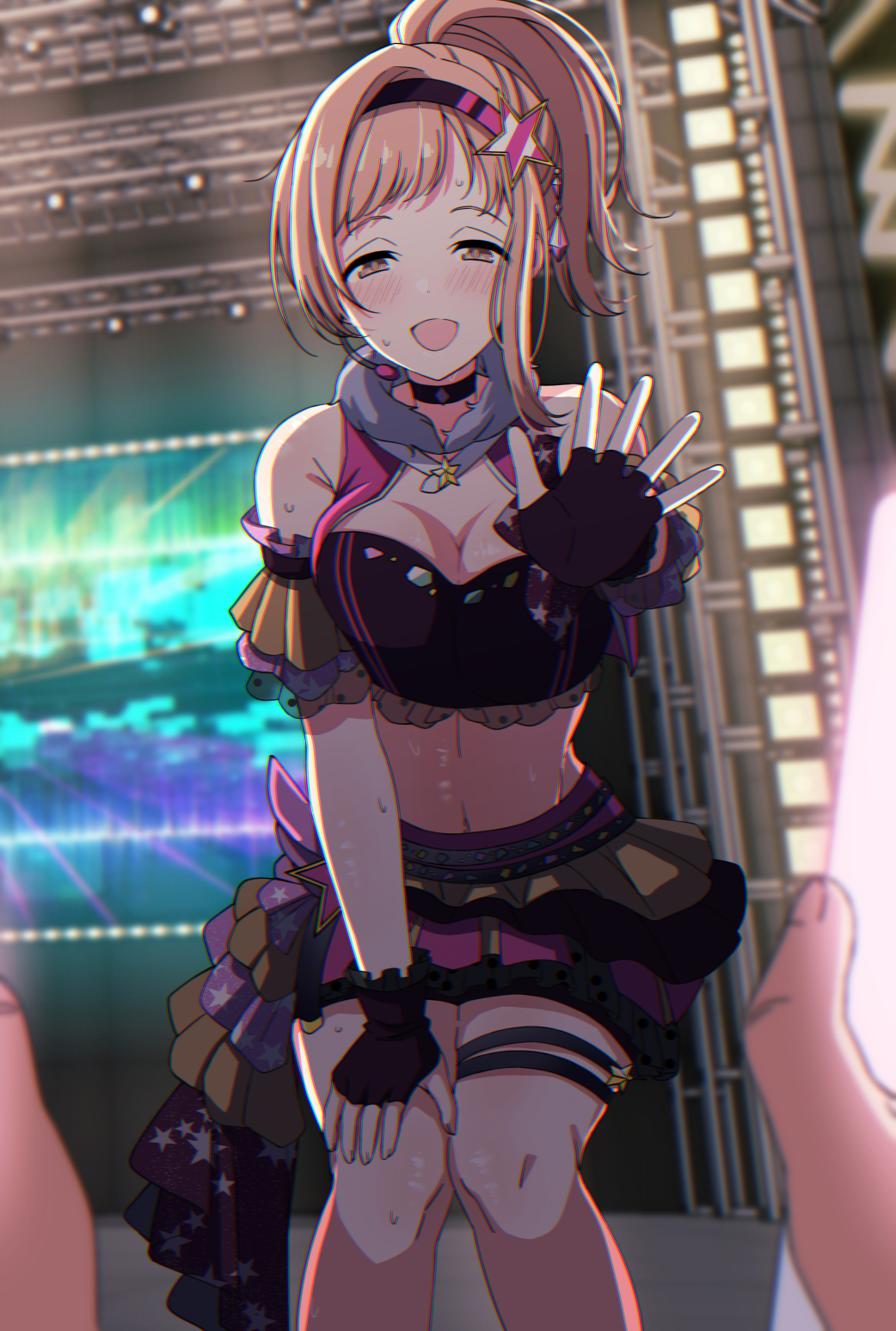 1girl arimon_(dfrgty12) black_choker black_gloves black_shirt blurry blurry_background blurry_foreground blush breasts brown_eyes brown_hair choker cleavage cropped_jacket cropped_shirt dot_nose exhausted fingerless_gloves frilled_shirt frills gloves hand_on_own_thigh headset highres holding_glowstick idolmaster idolmaster_shiny_colors jacket knees_together_feet_apart layered_skirt leaning_forward long_hair looking_at_viewer medium_breasts multicolored_clothes multicolored_scrunchie multicolored_skirt navel open_mouth pink_jacket pov pov_hands reaching_towards_viewer sakuragi_mano sash screen scrunchie shirt skirt smile solo spotlight stage stage_lights star_(symbol) sweat thigh_strap