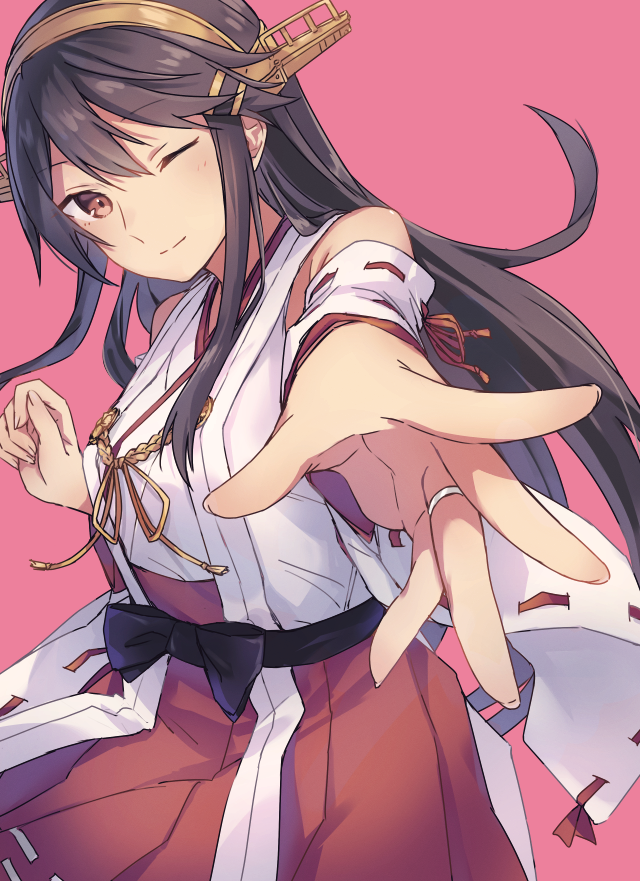 1girl bare_shoulders black_hair blush brown_eyes closed_mouth cover cover_page detached_sleeves doujin_cover hair_between_eyes hair_ornament hairband hairclip haruna_(kancolle) haruna_kai_ni_(kancolle) headgear japanese_clothes jewelry kantai_collection long_hair nontraditional_miko one_eye_closed pink_background pleated_skirt red_skirt ribbon-trimmed_sleeves ribbon_trim ring satsumi simple_background skirt solo textless_version wedding_ring wide_sleeves