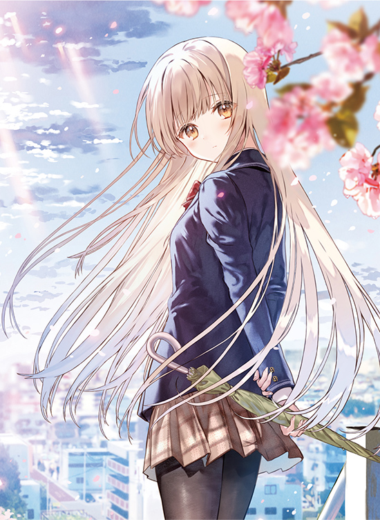 1girl arms_behind_back black_pantyhose blazer blonde_hair blue_jacket blunt_bangs bow bowtie cherry_blossoms closed_mouth cloud cloudy_sky cover dvd_cover floating_hair flower hanekoto holding holding_umbrella jacket long_hair long_sleeves looking_at_viewer looking_back official_art otonari_no_tenshi-sama_ni_itsu_no_mani_ka_dame_ningen_ni_sarete_ita_ken outdoors pantyhose pink_flower pleated_skirt red_bow red_bowtie school_uniform shiina_mahiru_(otonari_no_tenshi-sama) shoes skirt sky solo spring_(season) stairs sunlight umbrella yellow_eyes