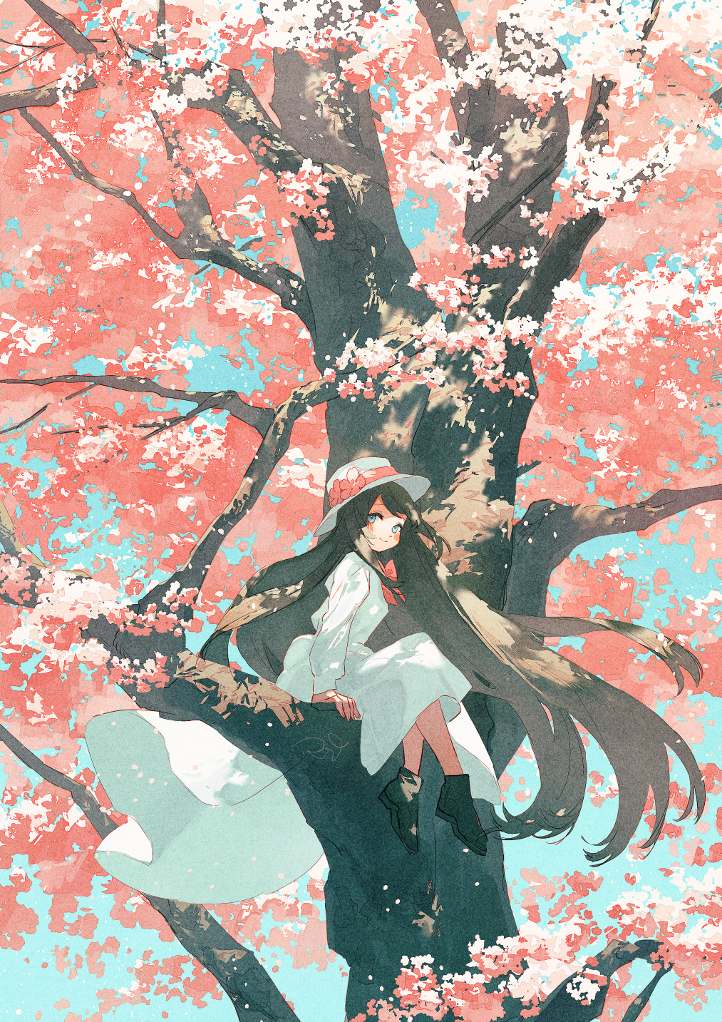1girl arm_rest arms_at_sides black_footwear blue_eyes blue_sky blush_stickers bow bowtie branch brown_hair cherry_blossoms closed_mouth day dress floating_hair from_side full_body hat hat_bow highres long_dress long_hair long_sleeves looking_at_viewer nature original outdoors pink_bow potg_(piotegu) red_bow red_bowtie scenery shoes sidelocks sitting_on_branch sky smile solo swept_bangs tree very_long_hair white_dress white_headwear