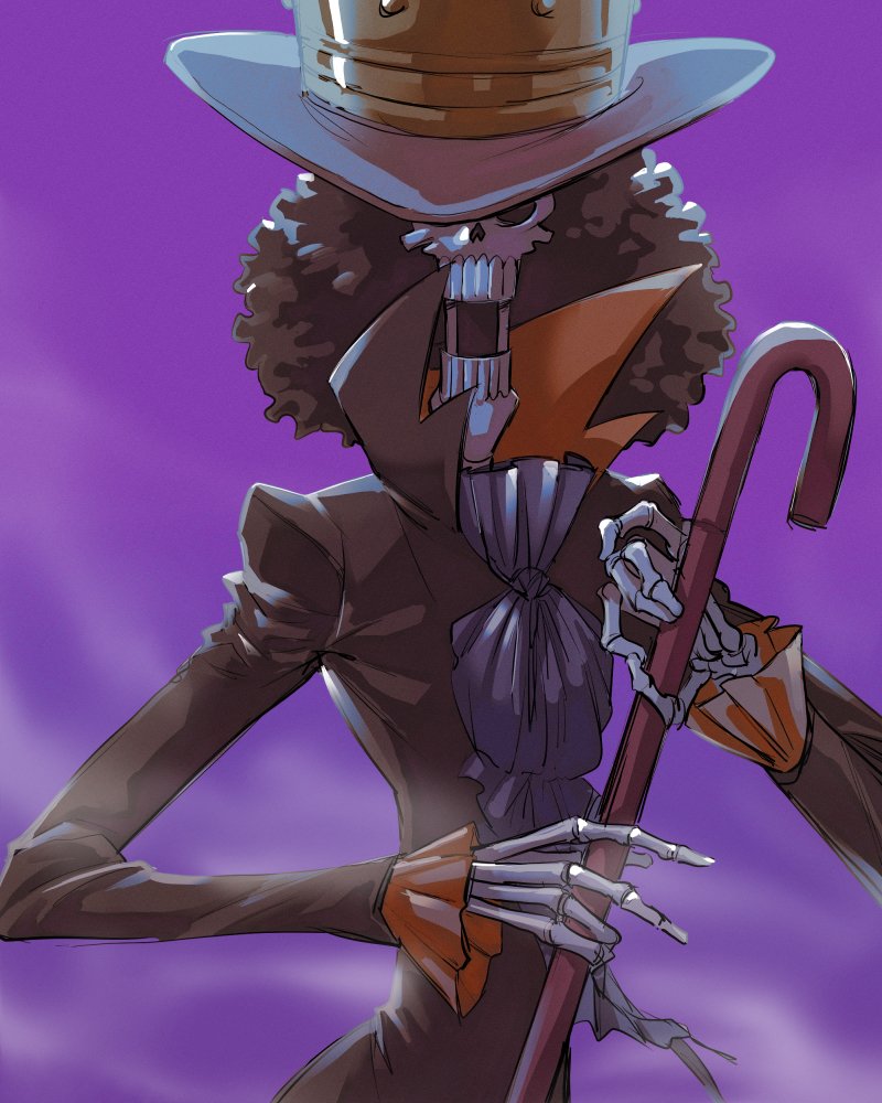 1boy afro ascot black_hair brook_(one_piece) cowboy_shot devil_fruit_power hat_over_one_eye haze high_collar holding holding_sheath large_hat looking_at_viewer male_focus one_piece open_mouth purple_background serious sheath skeleton solo tomatop umbrella_sword