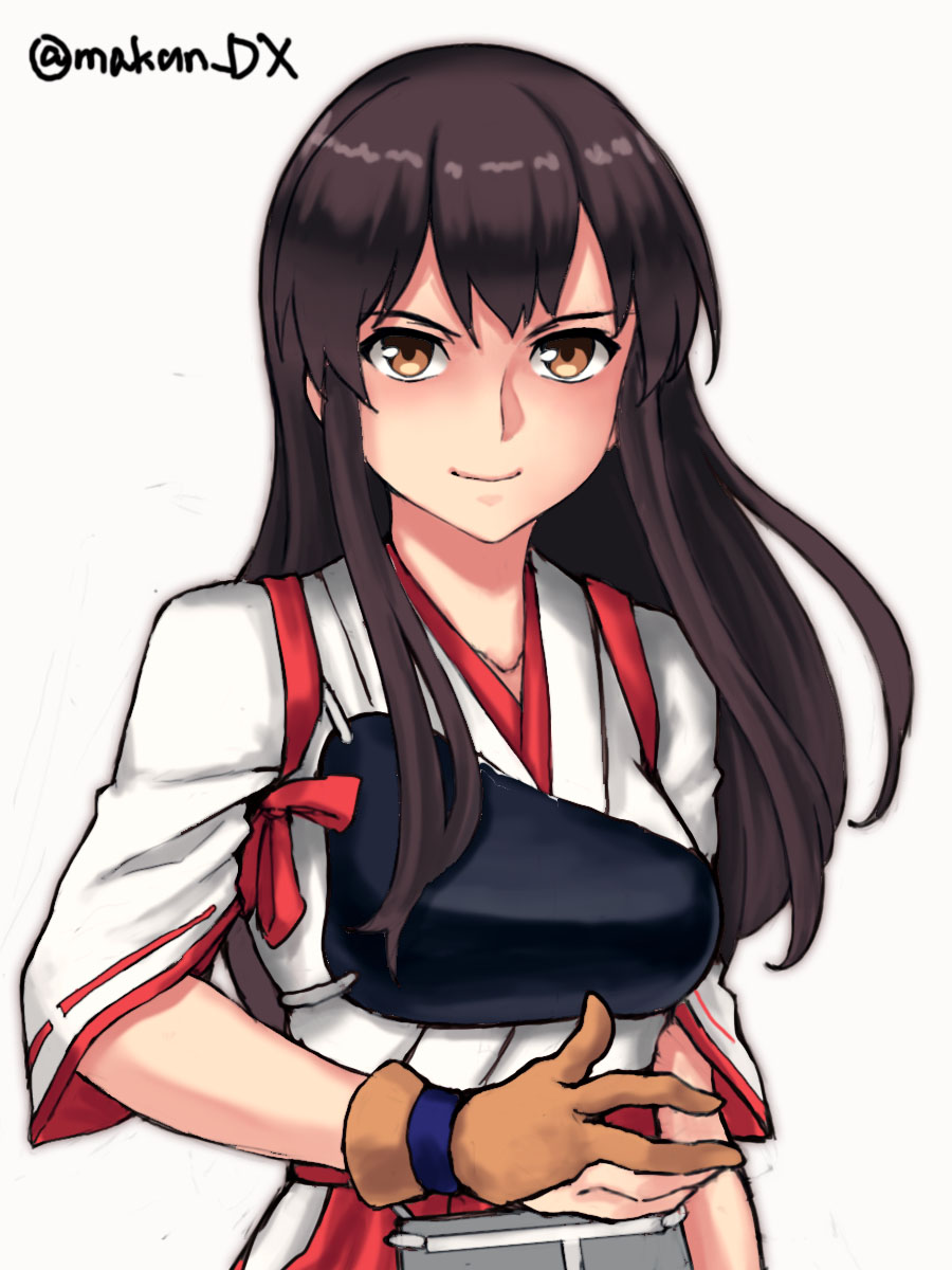 1girl akagi_(kancolle) archery_shooting_glove blush breasts brown_eyes brown_hair chest_armor closed_mouth commentary_request gloves hair_between_eyes highres japanese_clothes kantai_collection kimono long_hair long_sleeves looking_at_viewer maakun_(makun_dx) medium_breasts one-hour_drawing_challenge partially_fingerless_gloves simple_background smile solo twitter_username upper_body white_background