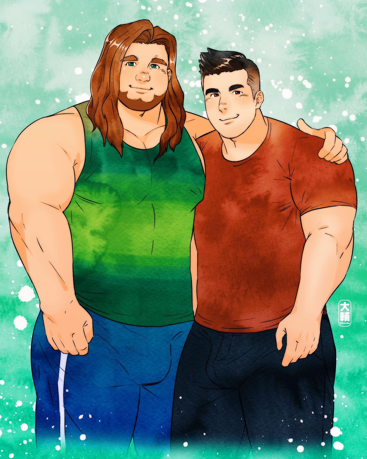 2boys arm_at_side bara beard blue_pants brown_hair bulge couple cropped_legs daisukebear facial_hair green_eyes green_tank_top hand_on_another's_shoulder highres large_pectorals long_hair looking_at_viewer male_focus mature_male multiple_boys muscular muscular_male original pants pectorals red_shirt shirt short_hair sideburns smile t-shirt tank_top thick_thighs thighs undercut yaoi