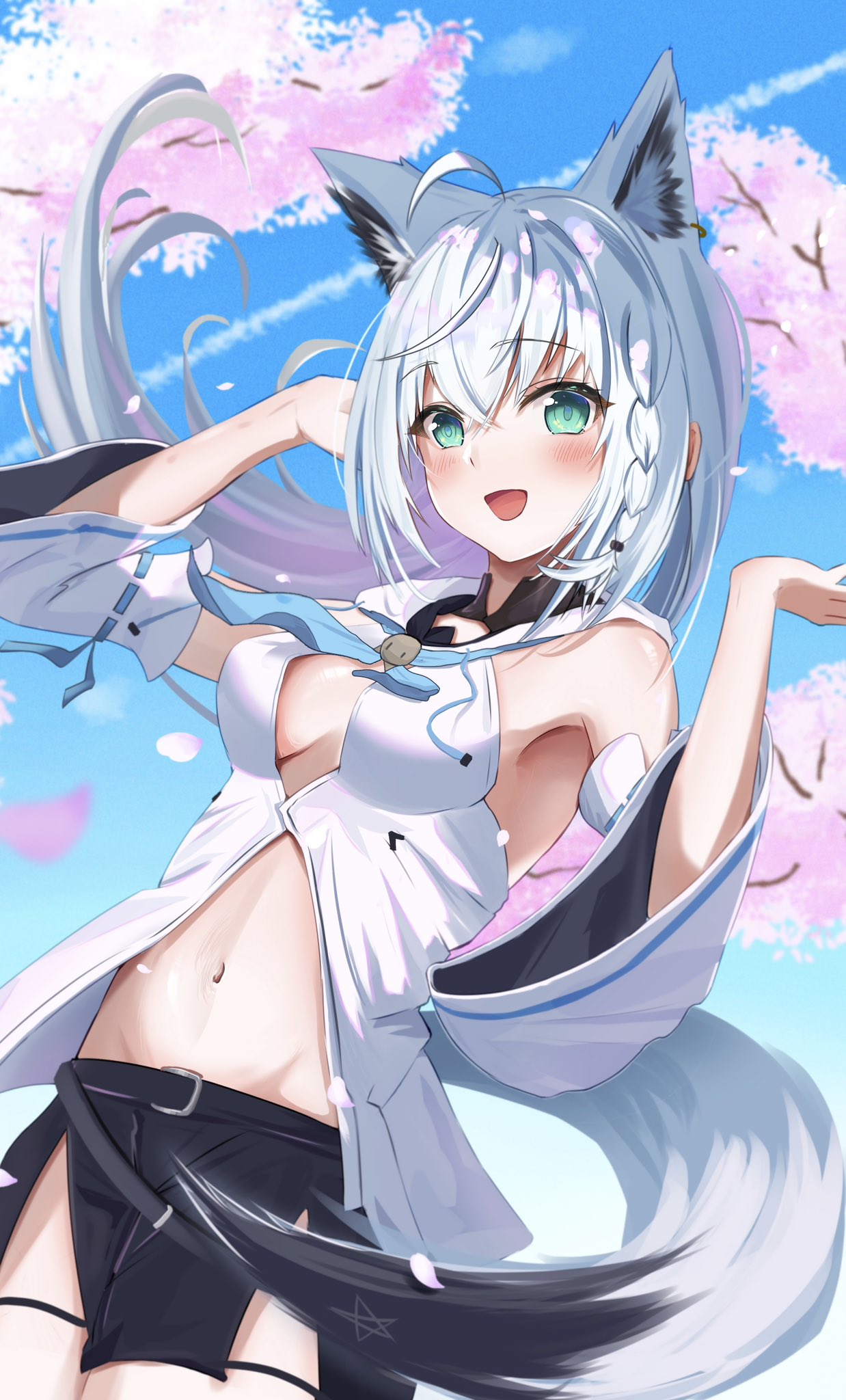 :d ahoge animal_ear_fluff animal_ears bare_shoulders black_shorts blue_ribbon blue_sky blurry blurry_background blush braid breasts cherry_blossoms commentary cowboy_shot crossed_bangs day detached_sleeves eyelashes eyes_visible_through_hair falling_petals fox_ears fox_girl fox_tail green_eyes hair_between_eyes happy highres hololive long_hair long_sleeves looking_at_viewer medium_breasts navel open_mouth outdoors petal_on_head petals ribbon ribbon-trimmed_sleeves ribbon_trim shirakami_fubuki shirt shorts sideboob sidelocks single_braid sky sleeveless sleeveless_shirt smile standing stomach tail torakichi_888 virtual_youtuber w_arms white_fur white_hair white_shirt white_sleeves wide_sleeves wind wind_lift
