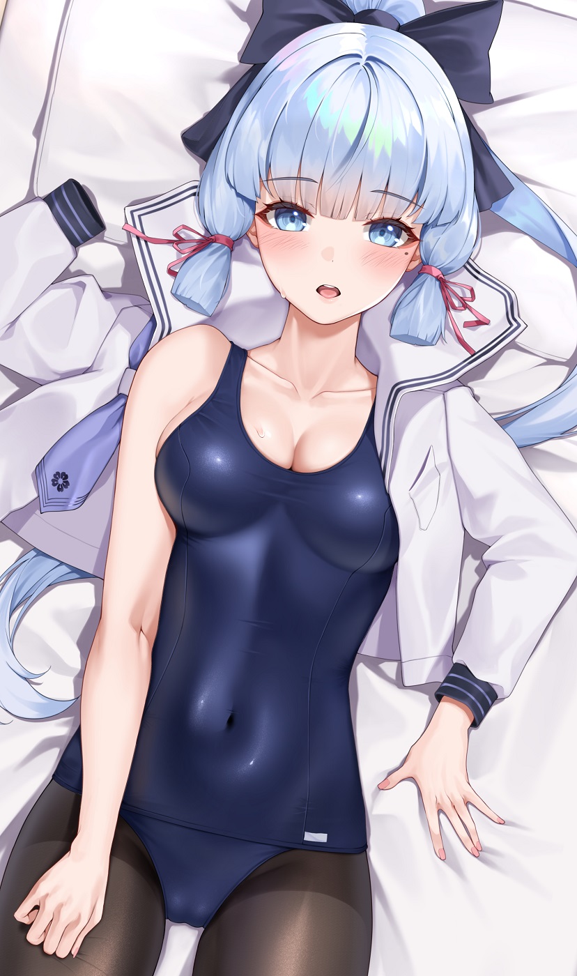 1girl bare_shoulders bed black_pantyhose blue_eyes blue_hair blue_one-piece_swimsuit blue_skirt blunt_bangs blunt_tresses blush breasts cameltoe cleavage collarbone covered_navel dress feet_out_of_frame flower_knot from_above genshin_impact hair_ribbon highres kamisato_ayaka light_blue_hair long_hair looking_at_viewer matrix16 medium_breasts mole mole_under_eye neckerchief old_school_swimsuit one-piece_swimsuit open_clothes open_mouth open_shirt pantyhose pillow pleated_dress pleated_skirt ponytail ribbon sailor_collar sailor_shirt school_swimsuit school_uniform serafuku shirt skirt skirt_removed solo swimsuit tress_ribbon