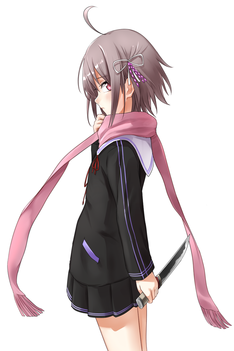1girl ahoge arm_behind_back closed_mouth from_side grey_hair hair_ornament hand_up highres holding holding_weapon kurofuti left-handed looking_at_viewer midare_toushirou_(tenka_hyakken) purple_eyes purple_scarf purple_trim red_ribbon reverse_grip ribbon sailor_collar scarf short_hair short_sword skirt solo sword tantou tenka_hyakken weapon white_background