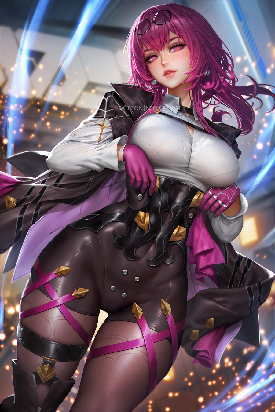 1girl breasts cowboy eyewear_on_head framed_breasts glasses gloves highres honkai:_star_rail honkai_(series) kafka_(honkai:_star_rail) large_breasts leotard looking_at_viewer medium_hair neoartcore paid_reward_available pink_eyes pink_gloves pink_hair solo