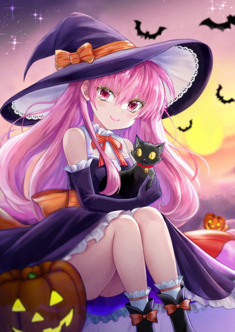 1girl animal bat_(animal) black_cat black_dress black_gloves breasts cat commentary_request dress elbow_gloves eyes_visible_through_hair gloves hat holding holding_animal holding_cat jack-o'-lantern kimura_pikoriino long_hair pink_eyes pink_hair small_breasts solo sparkle sun tensei-kun_wa_lolicon_janai! witch_hat